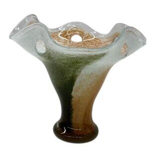 Handblown Glass Art Vase With Wavy Rim & Earth Tone Swirl Design